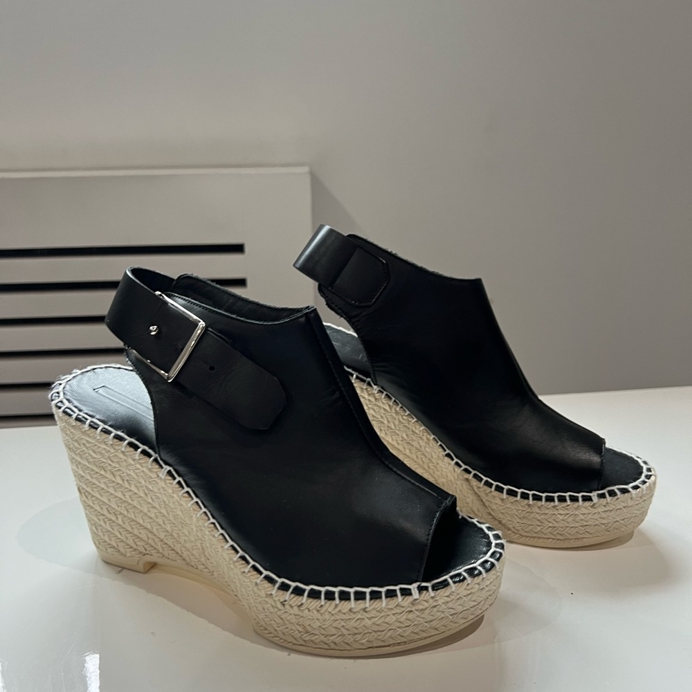 NWT Alexander McQueen Black Leather Buckle Jute Trim Peep Toe Wedges size 37